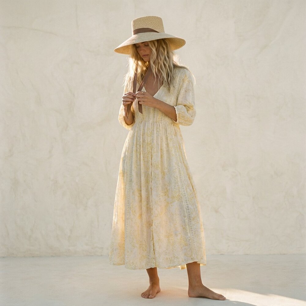 Boho Romantic Floral Button-Front Midi Dress | Light Yellow Cream | Medium